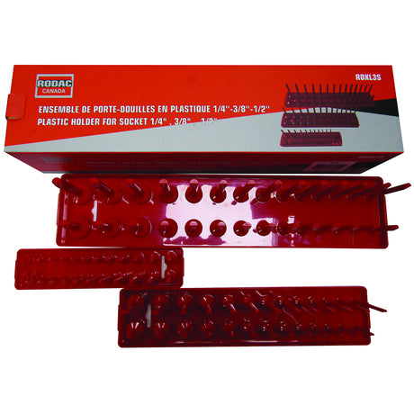 Red ABS plastic socket holder set for 1/4", 3/8", and 1/2" drive sockets with multiple storage stations
