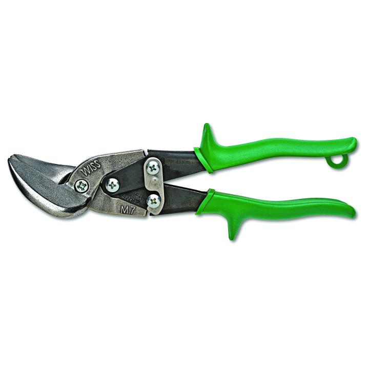 Offset metal shear with 30-degree angled blades and green ergonomic handles, made in the USA for cutting low-carbon steel.