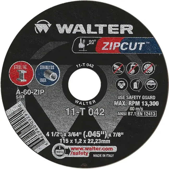 Walter ZIPCUT 4.5inch cutting disc, 3/64 thickness, 7/8 inch bore, for steel and stainless steel with safety guidelines