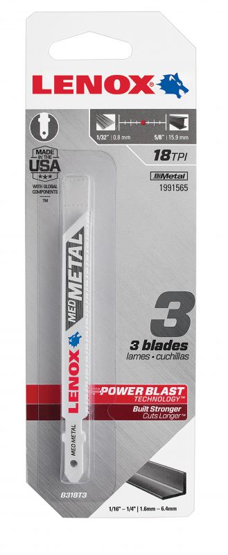 Pack of 3 Lenox metal jigsaw blades with 18 TPI, Power Blast technology, fits 1/16 to 1/4 inch cutting thickness