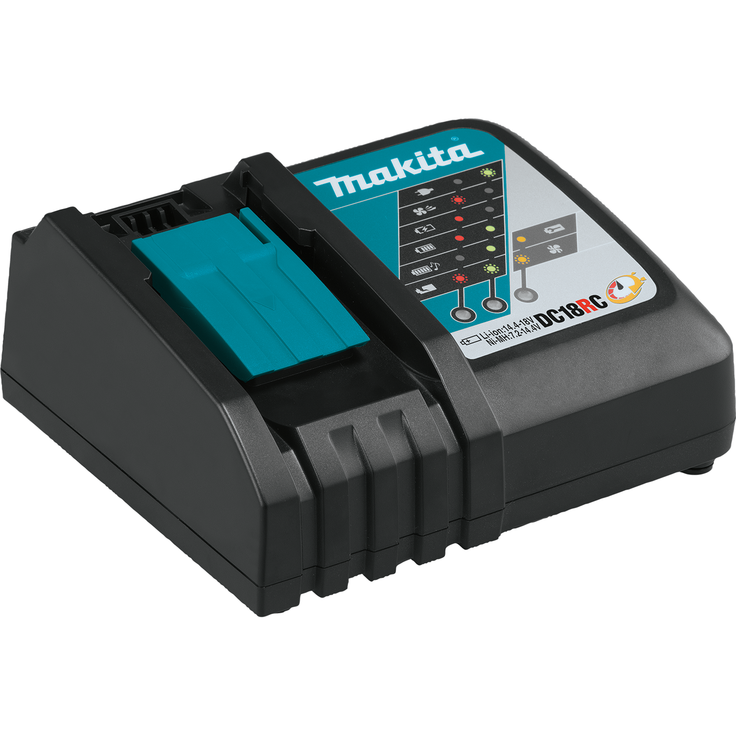 Makita DC18RC fast charger for 18V LXT batteries with LED indicators and communication chip for optimized charging speed