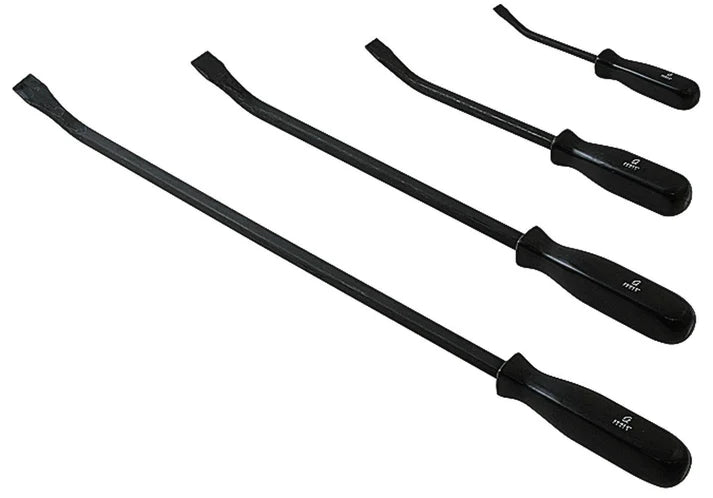 Set of 4 alloy steel pry bars with ergonomic vinyl acetate handles, sizes 8 to 24 inches, heat-treated finish