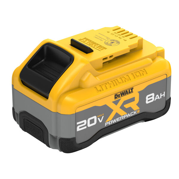 DeWalt 20V MAX XR Powerpack 8Ah lithium-ion battery with ergonomic grip and high-capacity energy storage design