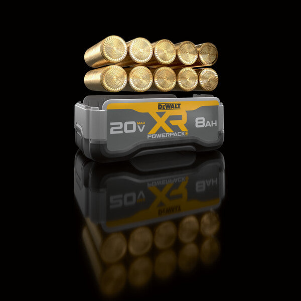 DeWalt 20V MAX XR POWERPACK 8Ah battery with gray casing and yellow branding on reflective black surface