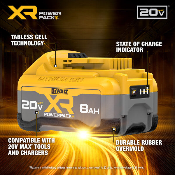 DeWalt 20V MAX XR Powerpack 8Ah battery with tabless cell technology, charge indicator, and rubber overmold housing