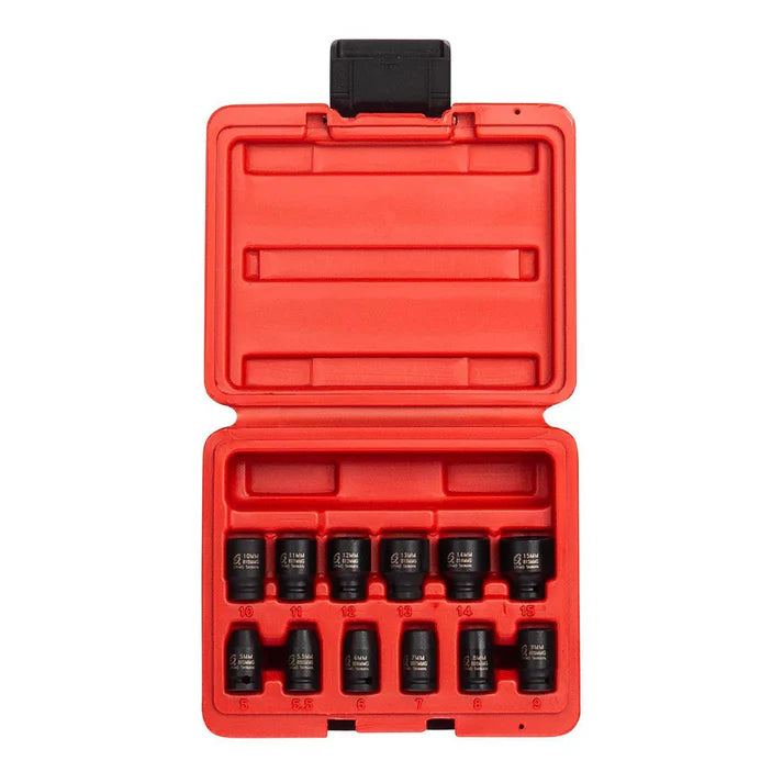 12-piece 1/4" drive magnetic impact socket set, metric sizes, forged CR-MO alloy steel in red plastic case