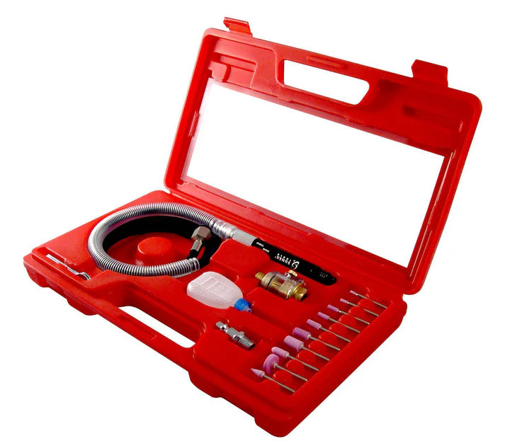 Red plastic case with Sunex pencil grinder kit, flexible shaft, grinding bits, and air fitting accessories organized inside