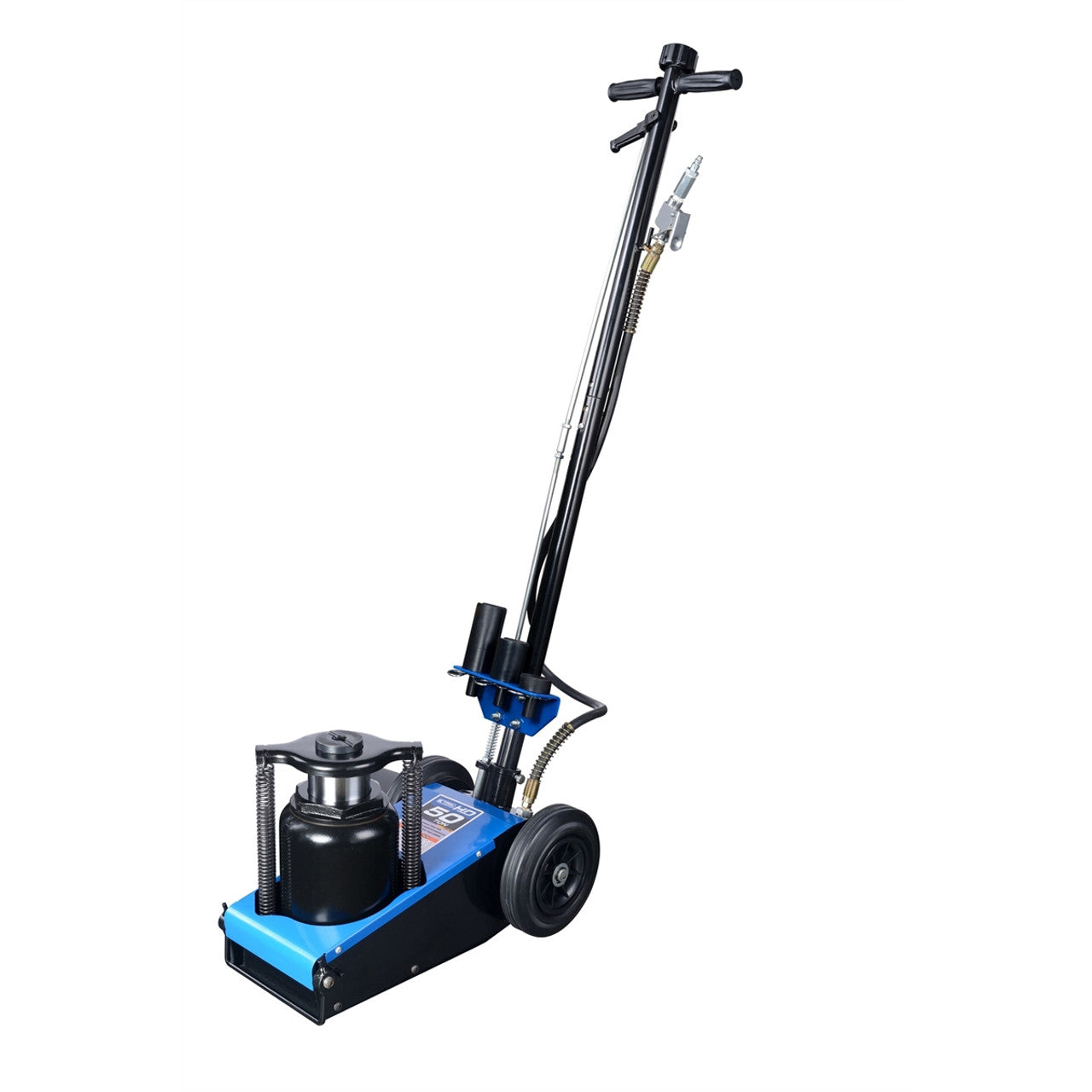 50-ton pneumatic/hydraulic truck jack with blue chassis, long handle, pressure gauge, and black lifting cylinder