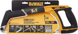 12-inch DEWALT manual hacksaw with 45-degree blade, long reach, high tension, low profile, and lifetime warranty label