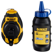 50ft DEWALT chalk reel with blue chalk powder bottle for high-visibility lines and fast rewind mechanism