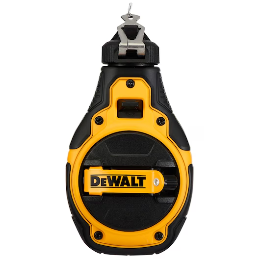 100-foot DEWALT chalk line reel with bimaterial casing and metal clip, designed for precise marking and finishing tasks