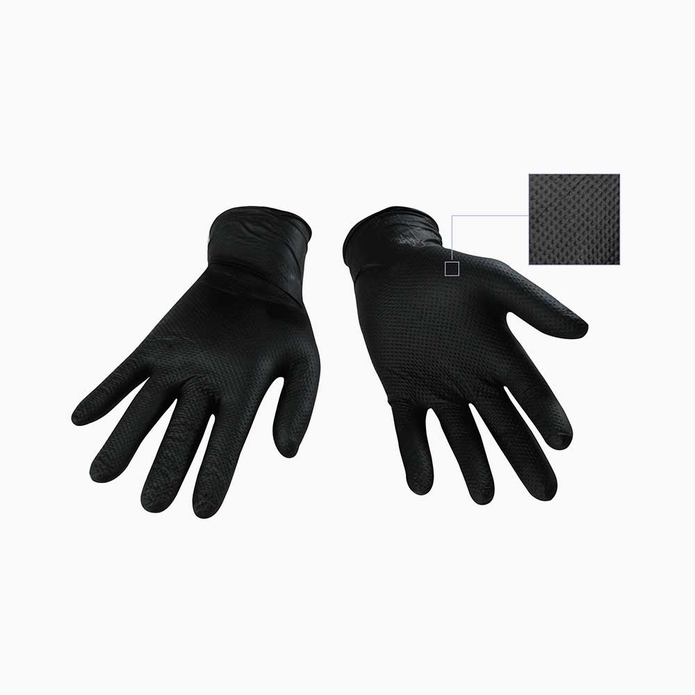 Pair of black textured nitrile disposable gloves, 8 mil thickness, chemical resistant and puncture durable model DNTBK8100-M