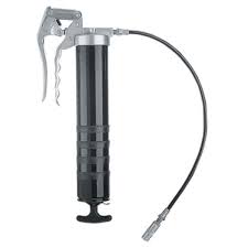 14 oz Lincoln manual grease gun with durable steel barrel, corrosion-resistant finish, molded head, and flexible hose.