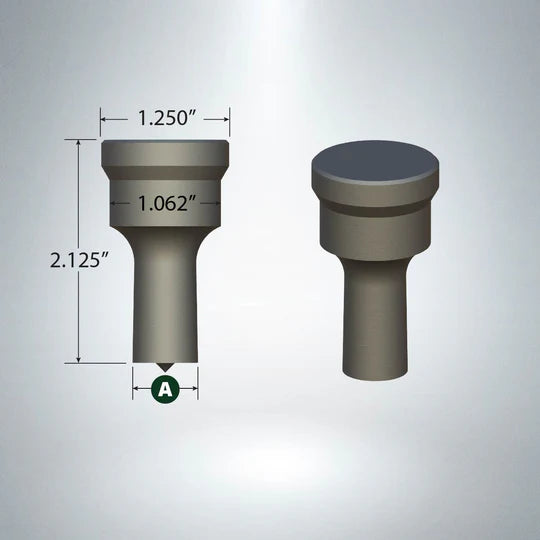 Steel punching tool F-16 with 7/16" diameter, compatible with Piranha and Edwards punching machines, detailed dimensions shown