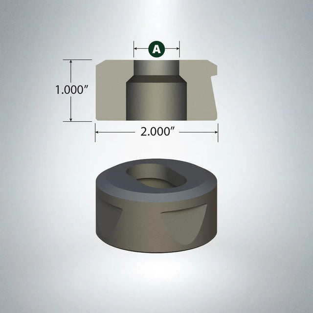 Oblong matrix die with 2-inch base diameter, 1-inch height, and positioning notches for precise alignment