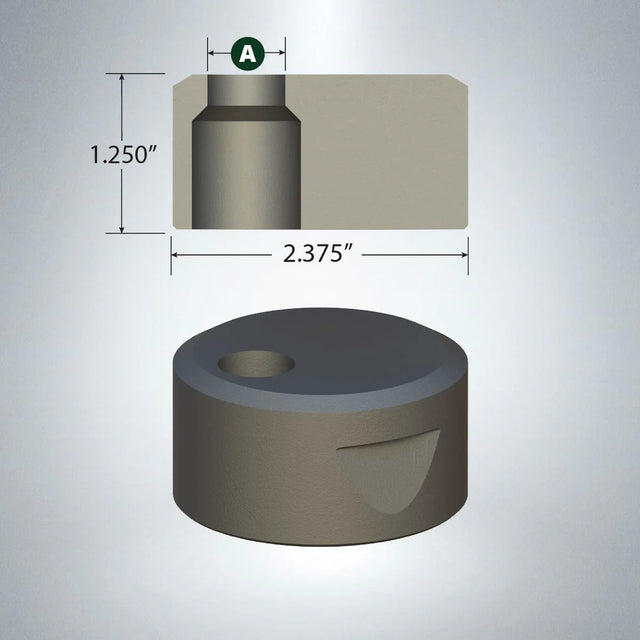 Round offset cutting die with positioning notch, dimensions 1.25 inch height and 2.375 inch width, dark metal finish