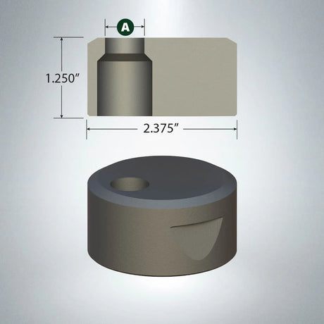 Round offset cutting die with positioning notch, 1.25" height and 2.375" length, gray industrial steel design