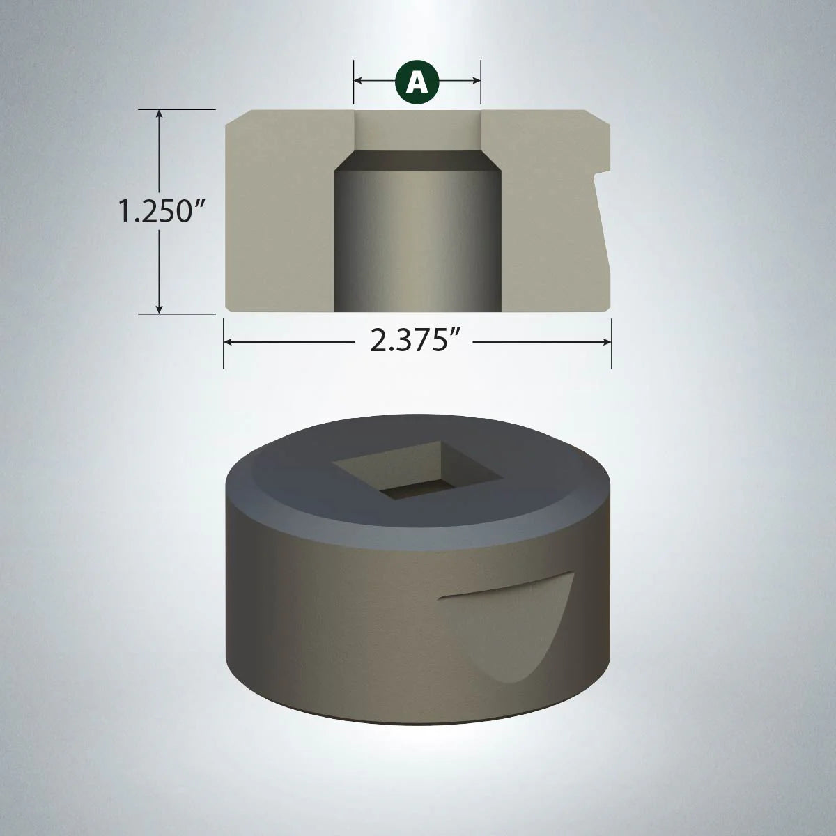Square punch die 9/32 inch with positioning notch, 1.25 inch height and 2.375 inch diameter for precision metal forming.