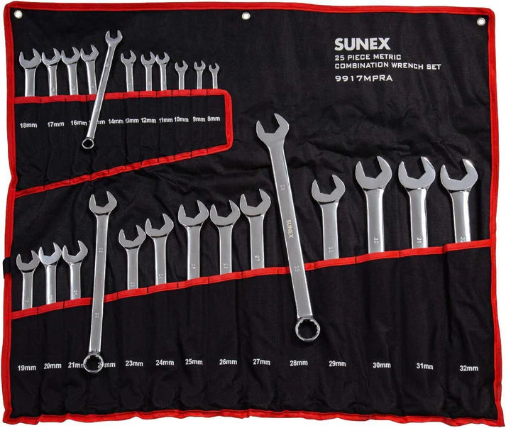 25-piece polished metric combination wrench set 8mm to 32mm with V-groove design and offset ends in black red tool roll