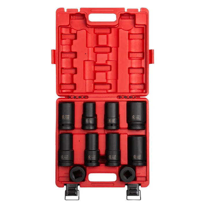 10-piece 1-inch drive impact socket set with 6-point ultra-durable SAE and metric sizes in red carrying case