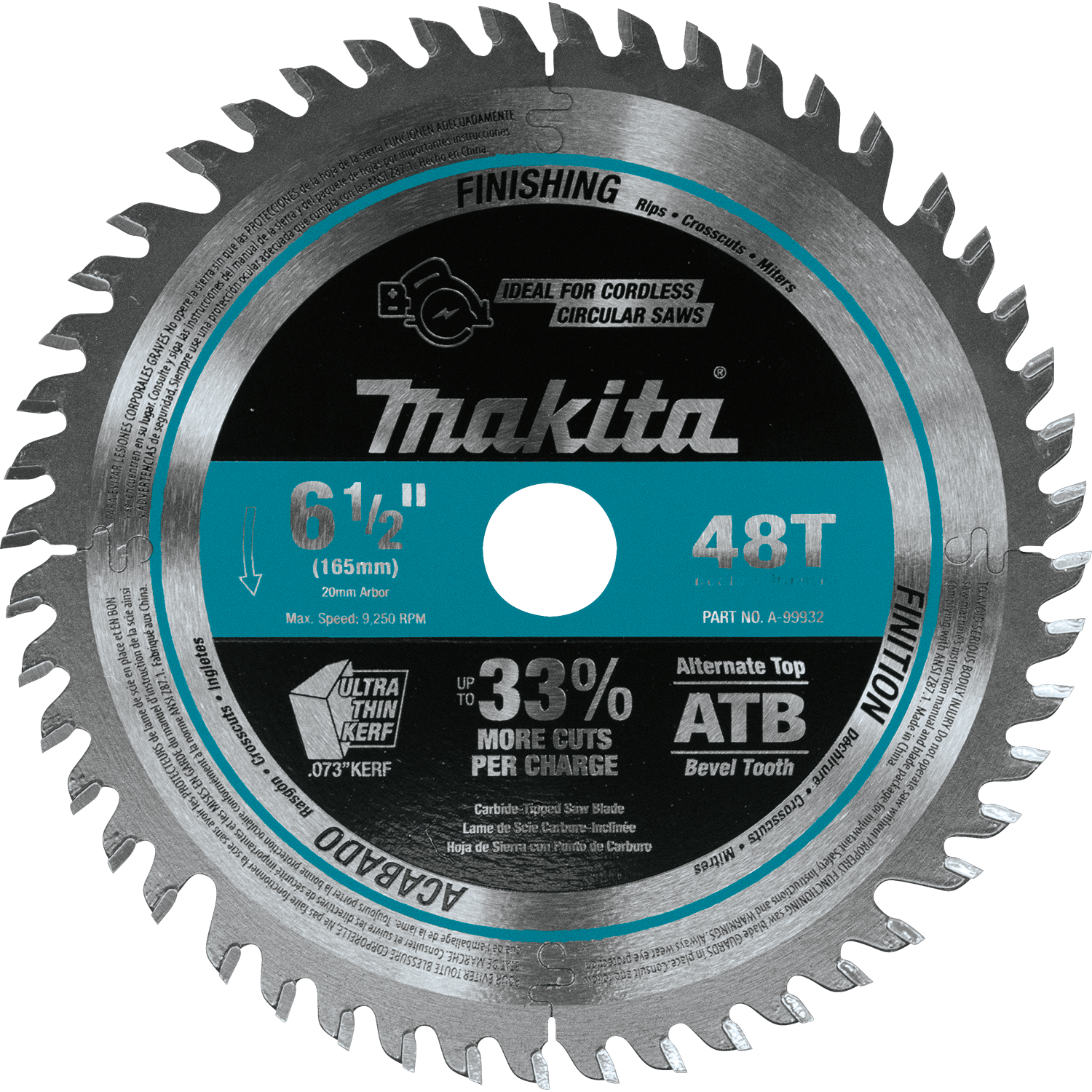 6-1/2 inch Makita circular saw blade with 48 carbide teeth, ultra-thin kerf, and alternate top bevel design for finishing cuts