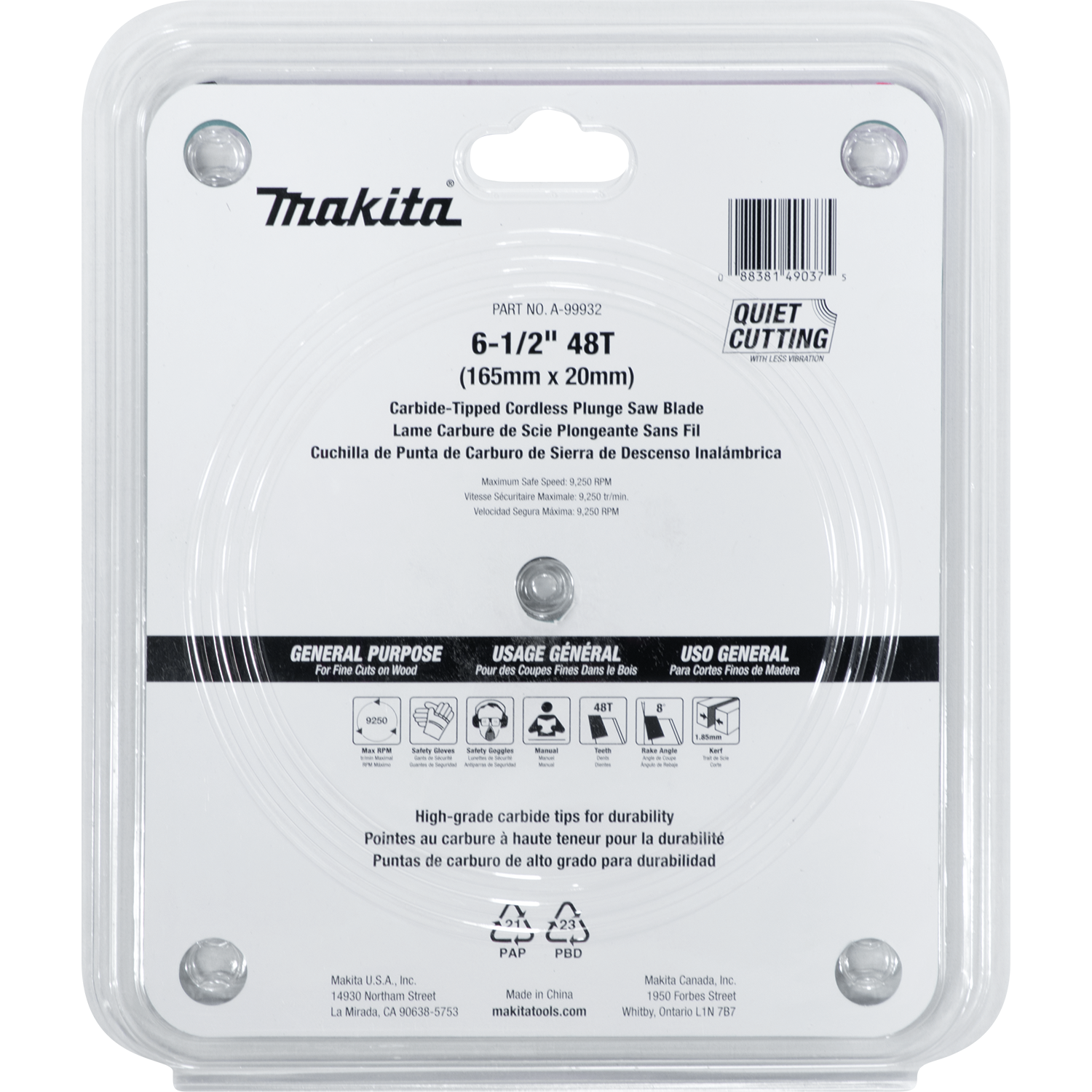 Makita 6-1/2" 48T carbide-tipped cordless plunge saw blade for fine wood cutting with quiet cutting technology