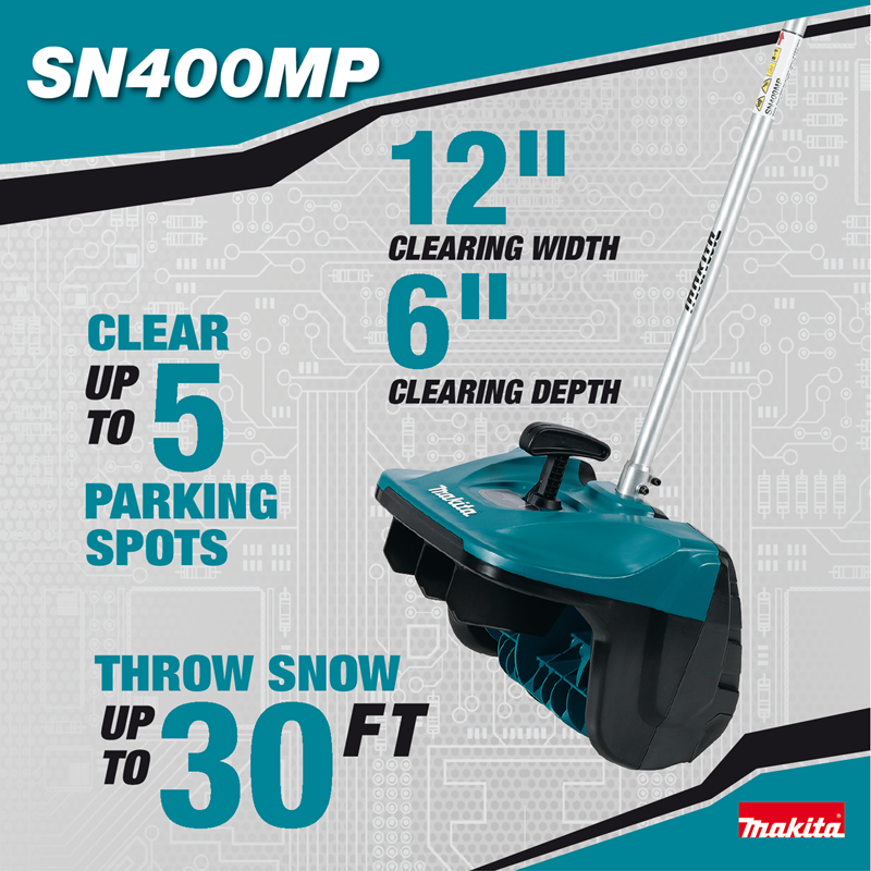 Makita SN400MP snow blower attachment with 12-inch width, 6-inch depth, clears up to 5 parking spots, throws snow 30 feet