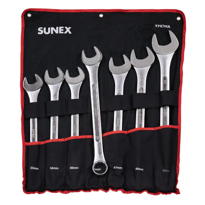 Set of 7 metric jumbo combination wrenches from 33mm to 50mm in black roll-up pouch with red trim and Sunex branding