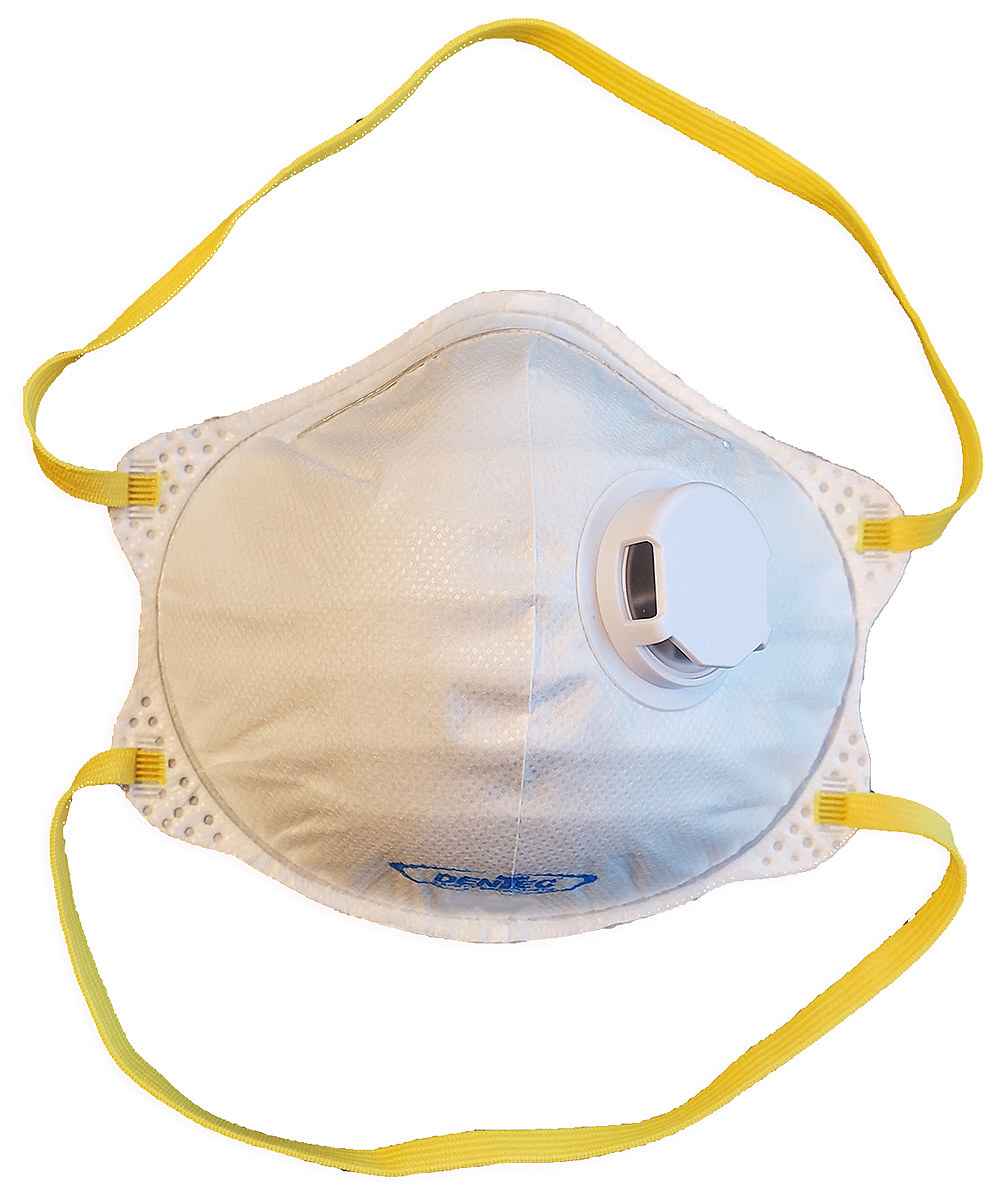 Disposable N95 cone-shaped face mask with exhalation valve and yellow elastic straps for comfortable prolonged use