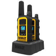 Set of 2 DEWALT walkie-talkies with long-range reception, rugged design, and charging dock for job site communication