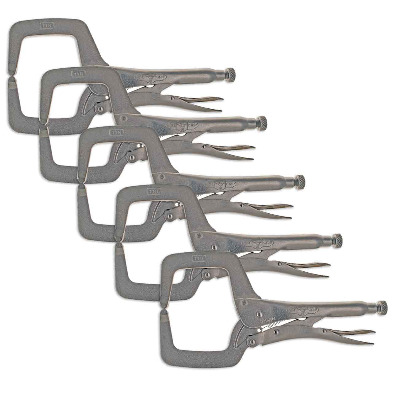 Set of 5 Irwin 11R locking C-clamps with 4-inch jaw capacity and adjustable pressure screw