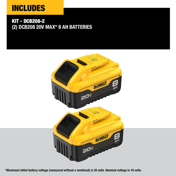 Set of two DeWalt 20V MAX XR 8Ah lithium-ion batteries with yellow and black rugged design for cordless tools
