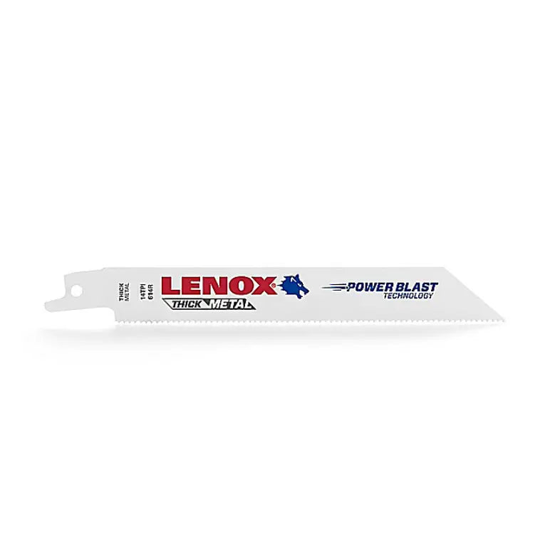 6-inch Lenox bi-metal reciprocating saw blade with 24 TPI, designed for thick metal cutting and Power Blast tech