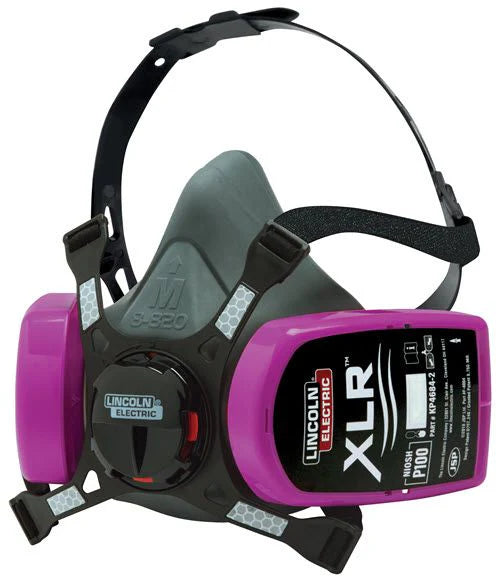 Lincoln Electric XLR P100 medium half-mask respirator with dual purple filters and adjustable head straps