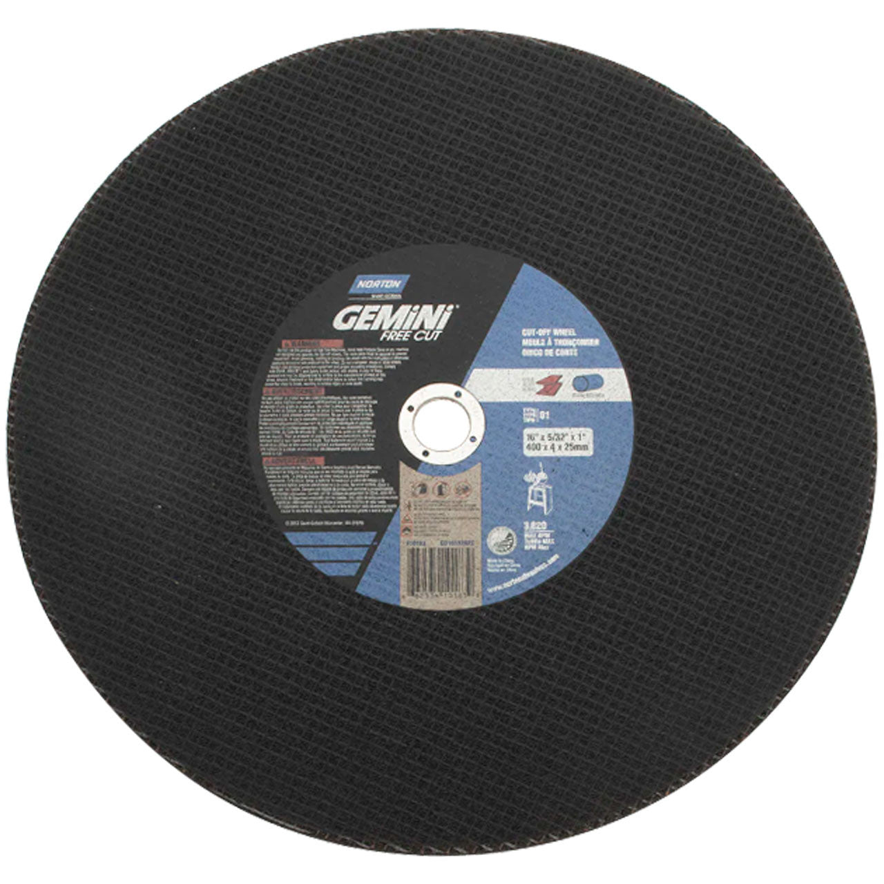 16-inch Gemini cut-off wheel with durable aluminum oxide abrasive for stationary saw cutting applications