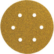 5-inch abrasive sanding disc with six holes, aluminum oxide grit, stearate anti-clog coating, hook and loop backing