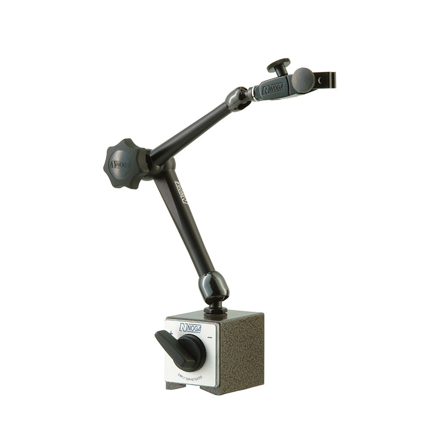 Magnetic base stand with locking mechanism and adjustable arm for dial indicator mounting in precision measurement tasks