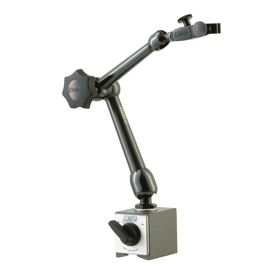 Adjustable magnetic base stand with central locking mechanism and powerful on/off magnetic holder for dial indicators