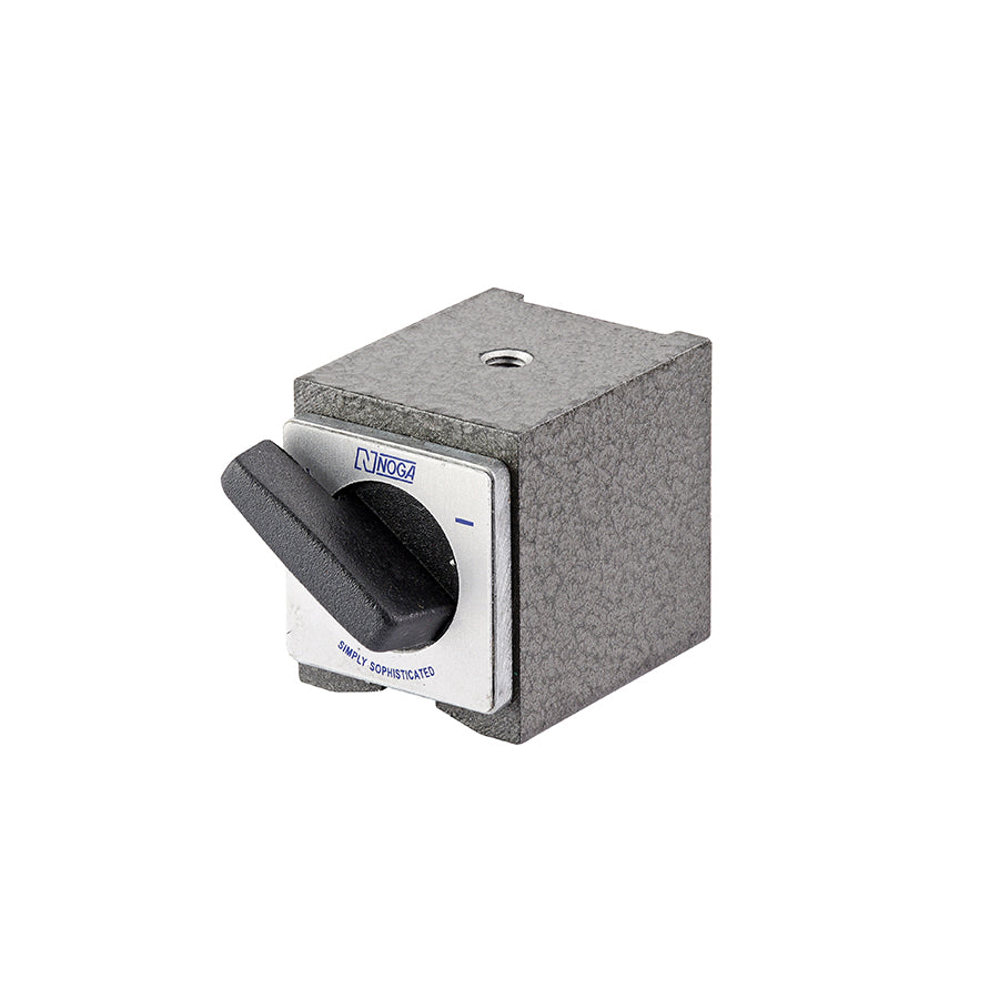 Compact NOGA NF0037 magnetic base with on/off switch, M5 thread, 320N force, and textured gray finish