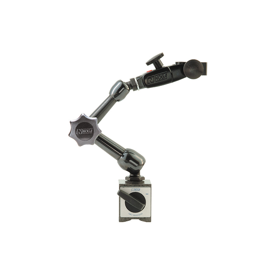 Magnetic base with Noga adjustable support arm and central locking mechanism for dial indicator mounting