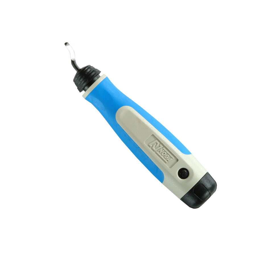 Blue and gray NOGA BURR 3 deburring tool with ergonomic handle and curved metal blade for precision work