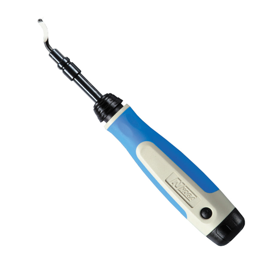 Heavy-duty Noga Super Burr deburring tool with ergonomic blue and white handle and curved metal blade attachment