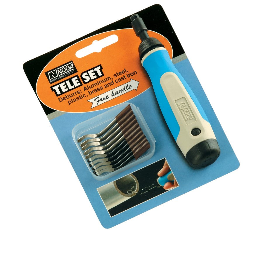 Deburring tool set with ergonomic blue and white handle, including ten curved blades for metal and plastic finishing tasks