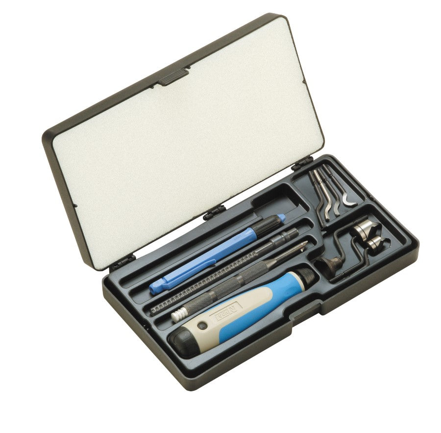 11-piece deburring kit with ergonomic handle, reversible milling tool, blade set, and storage case for MRO tasks
