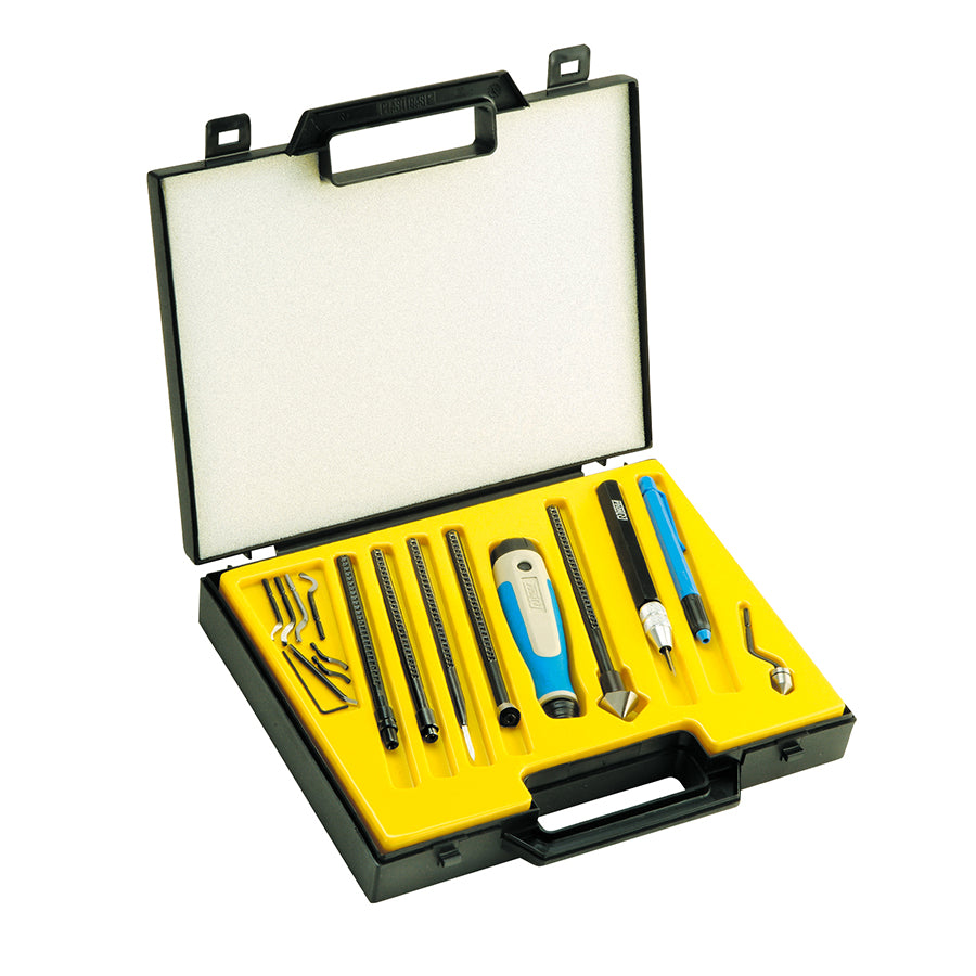 Professional deburring tool kit with ergonomic handle, various blades, and 1.5mm hex key in black carrying case