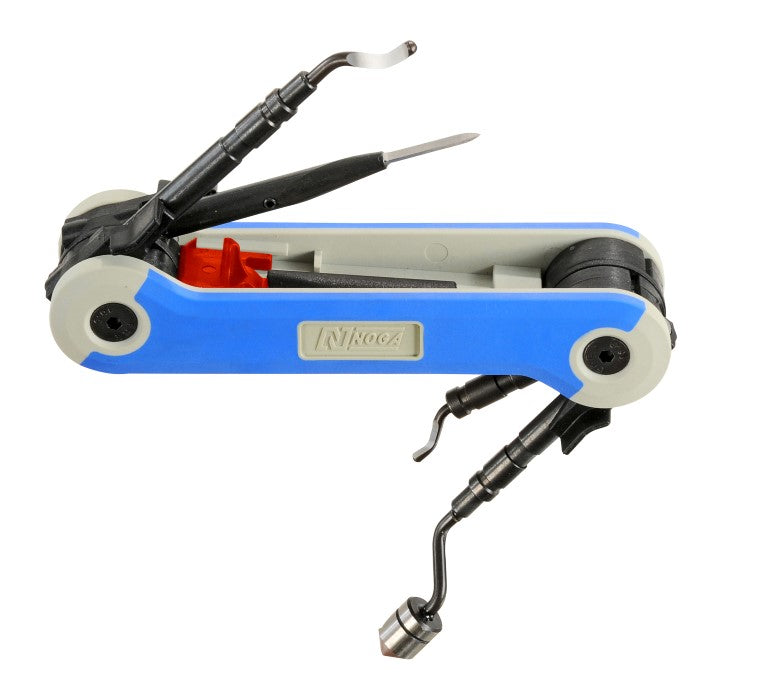 Compact NOGA RG1000 deburring tool set with multiple precision blades for maintenance and repair tasks