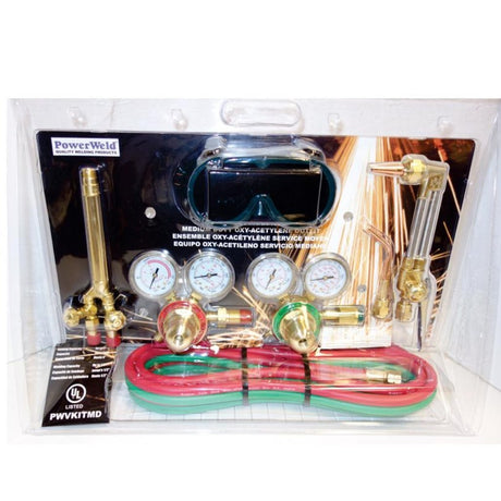 Medium oxy-acetylene welding kit with gauges, regulators, hoses, torch handle, and safety goggles in clear plastic case
