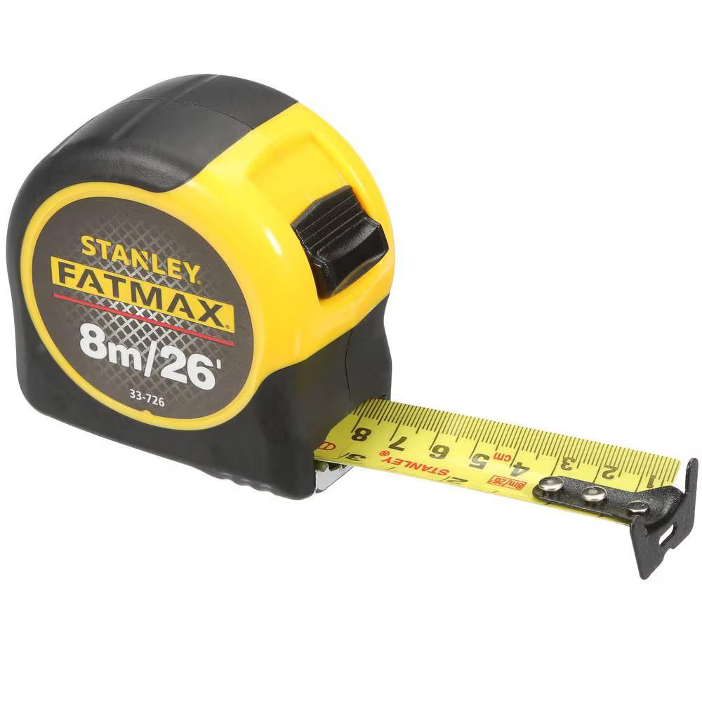 Yellow and black Stanley FatMax tape measure with 8m/26ft blade, metric and SAE markings, ABS durable case
