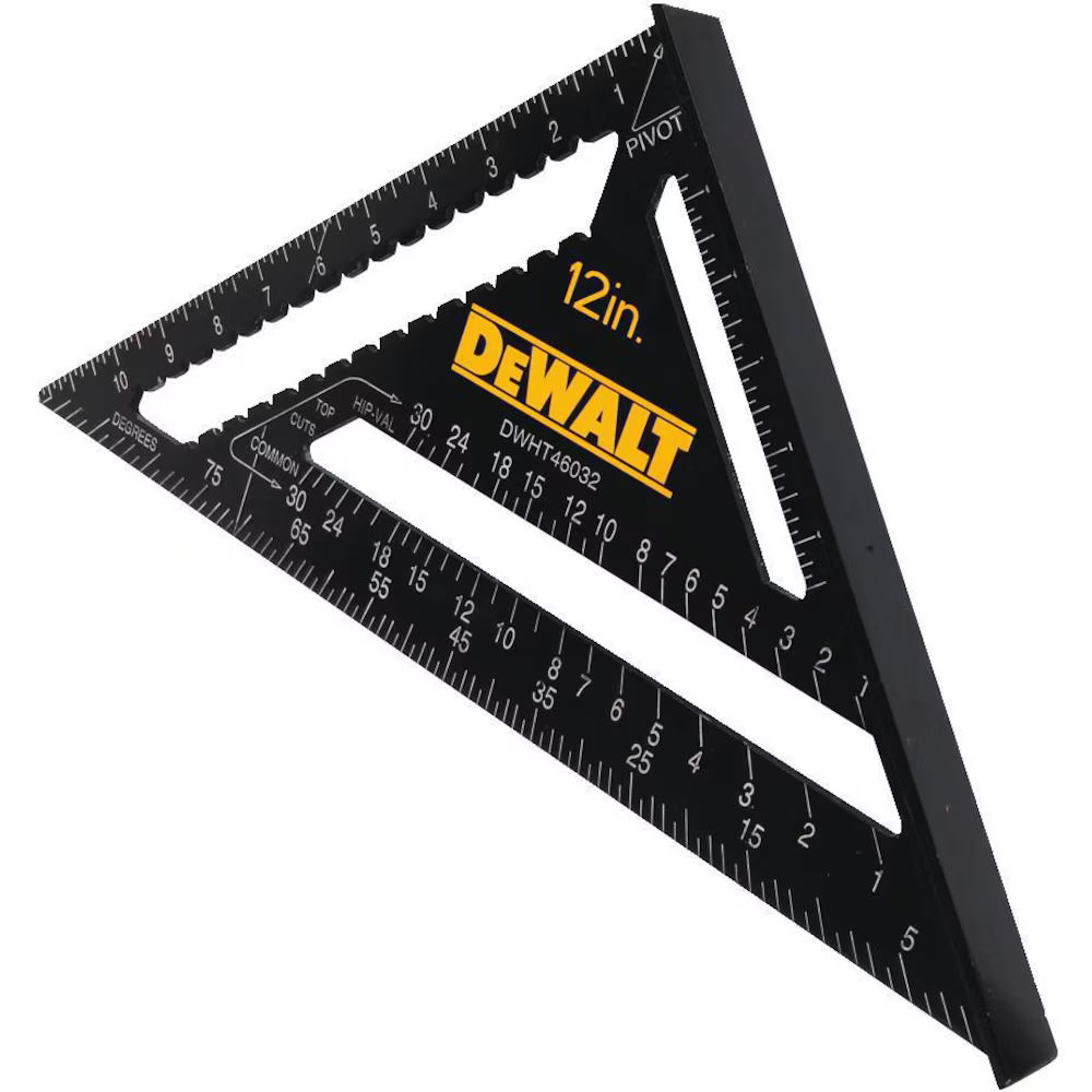 12-inch DEWALT black plastic carpenter square with yellow branding and multiple measurement scales including pivot angle markings