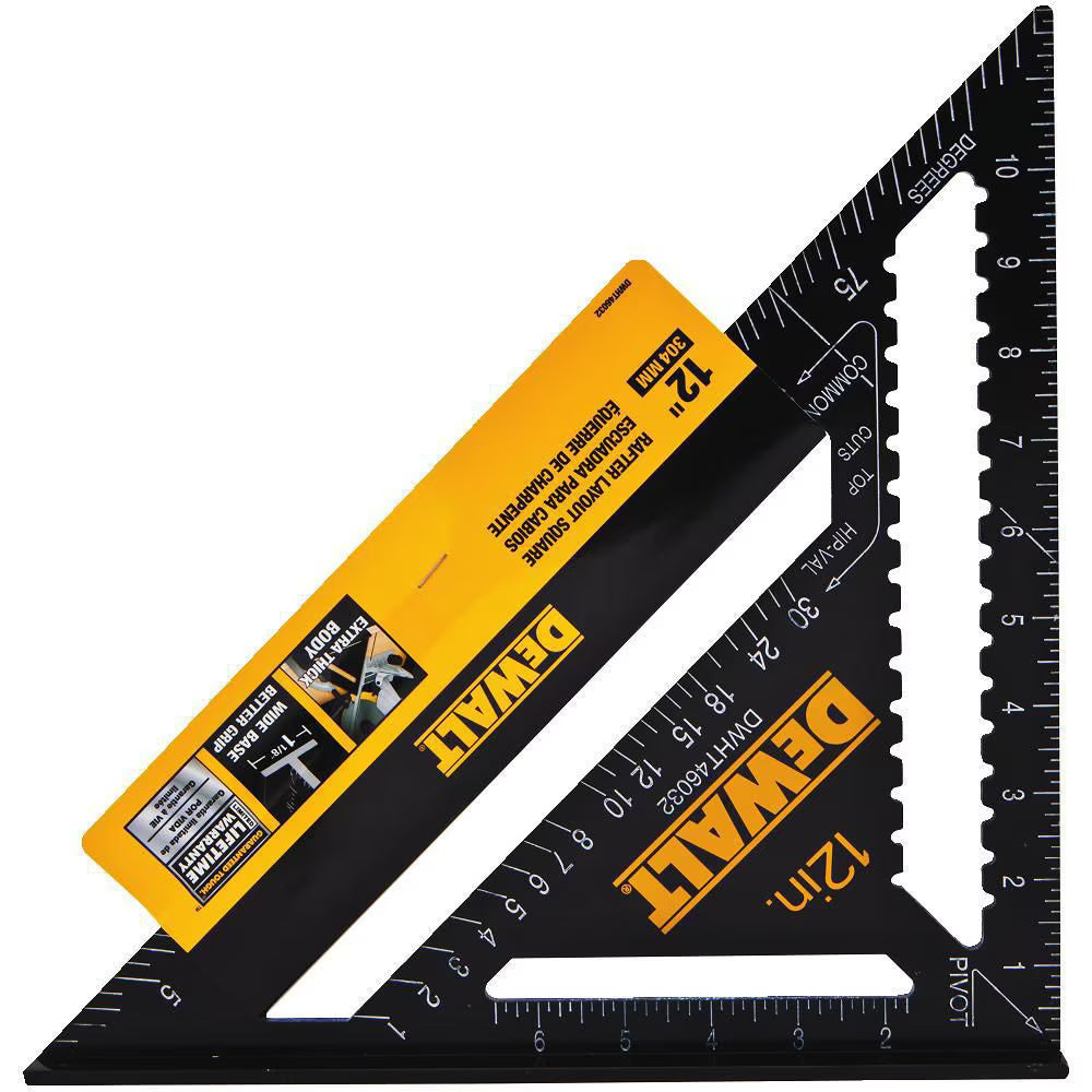 12-inch DEWALT black steel framing square with yellow label, angled edges, and measurement markings in inches and centimeters